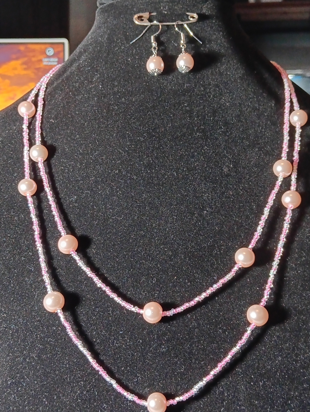 Handmade Pink Pearl Beaded Necklace & Earring Set